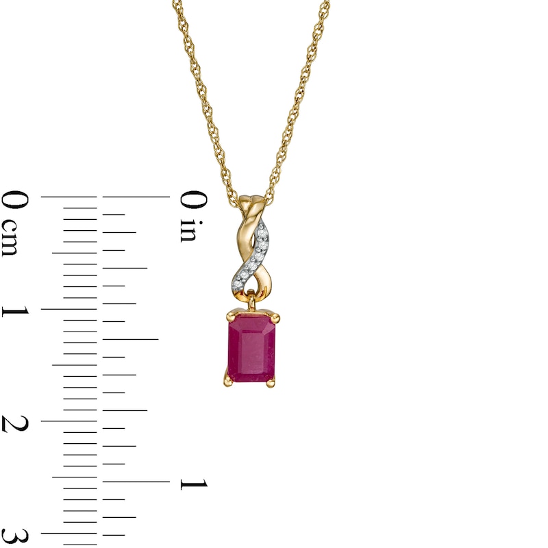 Main Image 3 of Emerald-Cut Ruby and Diamond Accent Twist Drop Pendant in 14K Gold