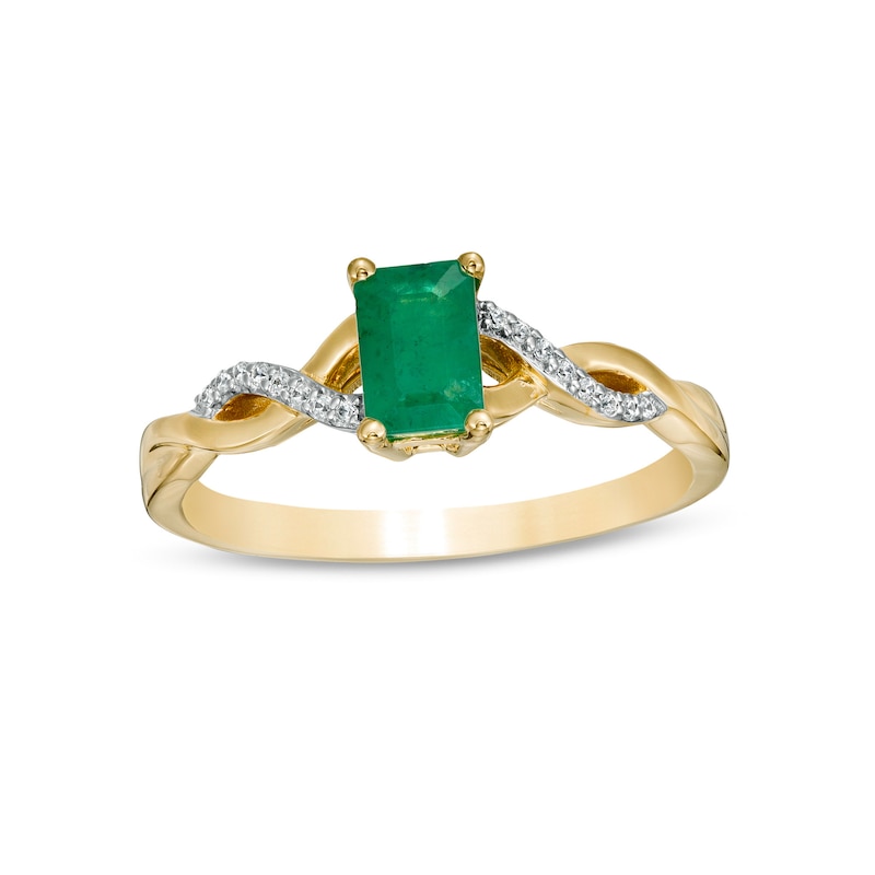 Main Image 1 of Emerald-Cut Emerald and 1/20 CT. T.W. Diamond Twist Shank Ring in 14K Gold