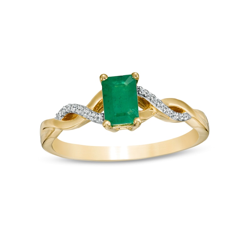 Emerald-Cut Emerald and 1/20 CT. T.W. Diamond Twist Shank Ring in 14K Gold