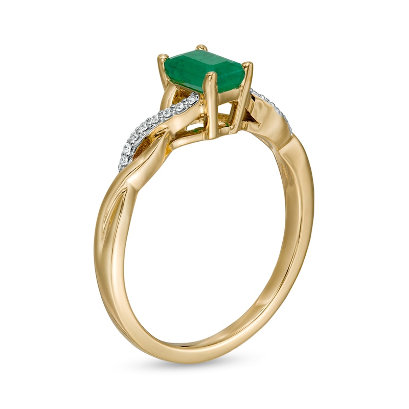 Main Image 3 of Emerald-Cut Emerald and 1/20 CT. T.W. Diamond Twist Shank Ring in 14K Gold