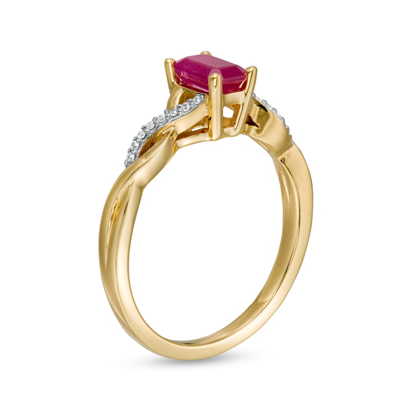 Main Image 3 of Emerald-Cut Ruby and 1/20 CT. T.W. Diamond Twist Shank Ring in 14K Gold