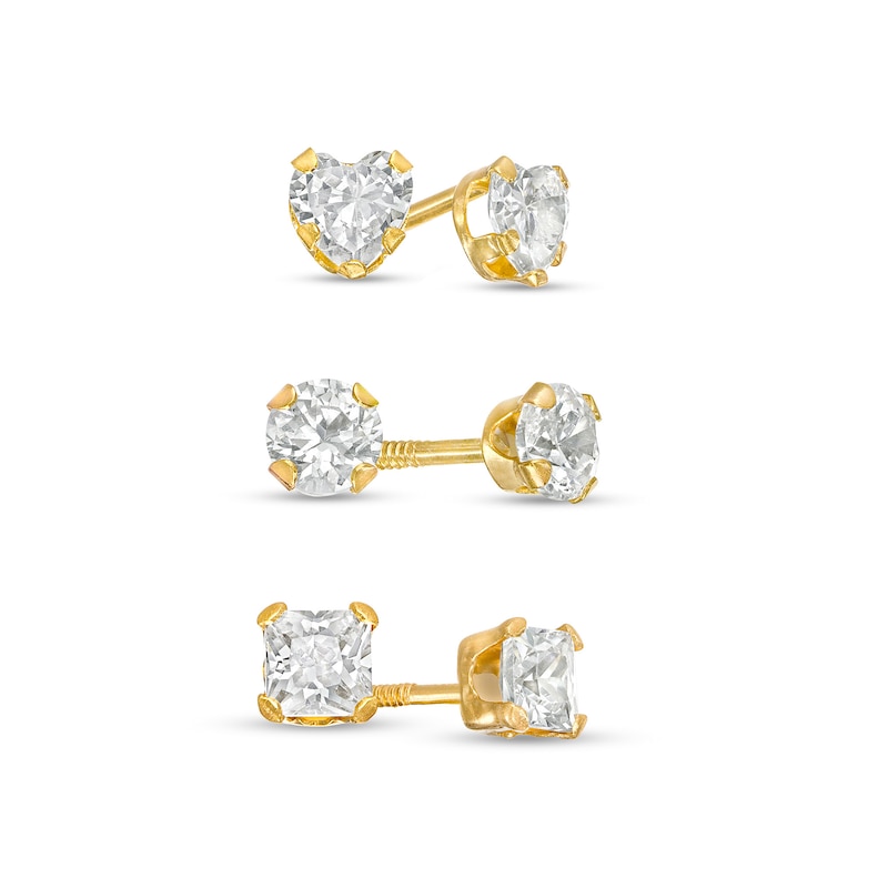 Child's Multi-Shaped Cubic Zirconia Three Pair Stud Earrings Set in 14K Gold