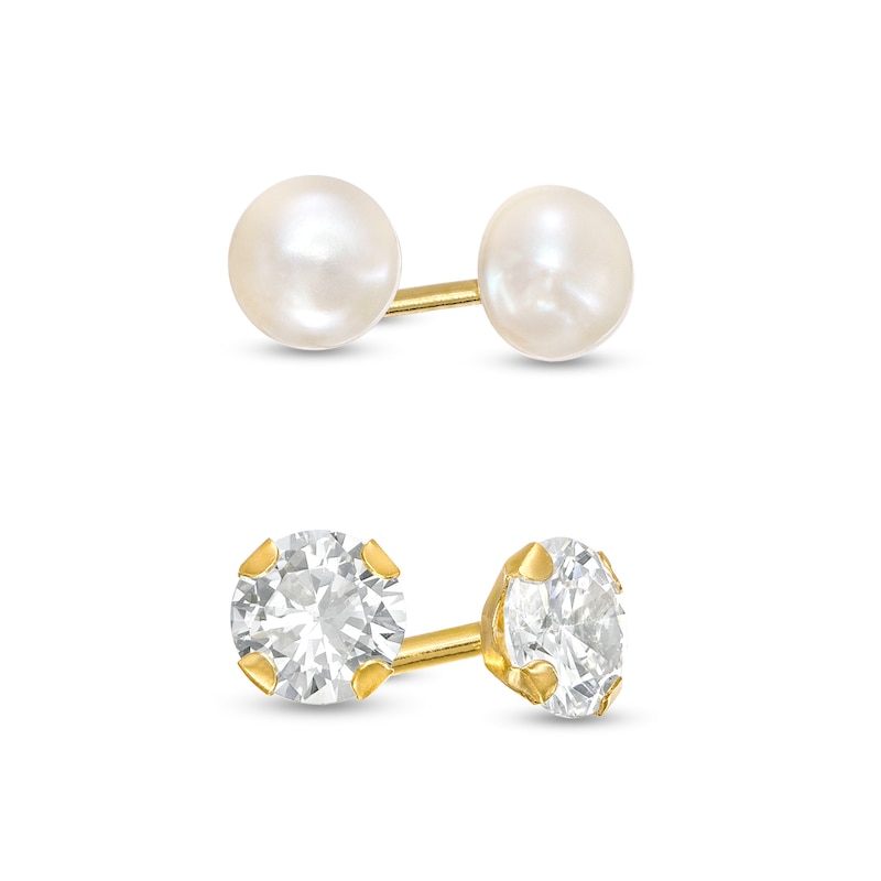 Child's 4.0mm Button Cultured Freshwater Pearl and Cubic Zirconia Two Pair Stud Earrings Set in 14K Gold