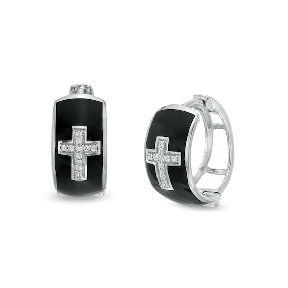 1/15 CT. T.w. Diamond Cross Dome Huggie Hoop Earrings in 10K White Gold and Black Ceramic