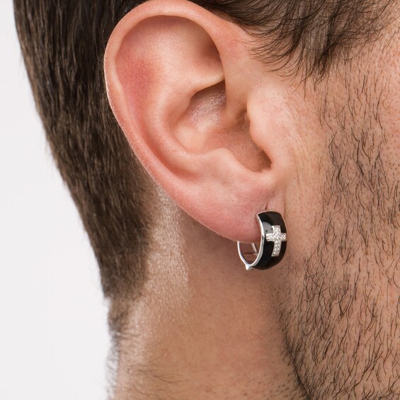 1/15 CT. T.w. Diamond Cross Dome Huggie Hoop Earrings in 10K White Gold and Black Ceramic