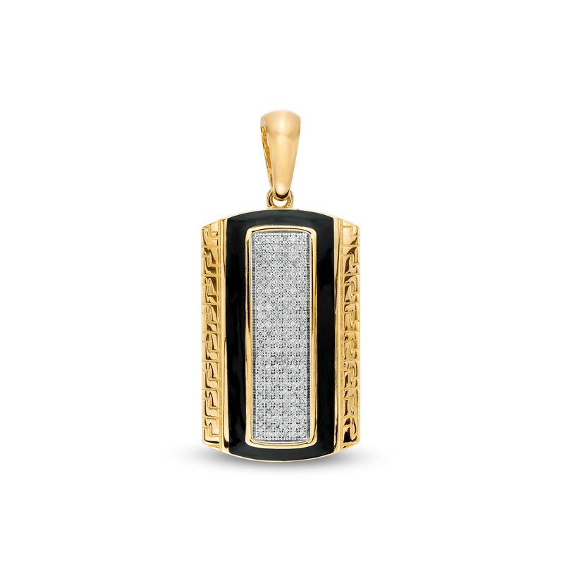 Main Image 1 of 1/3 CT. T.W. Diamond Rectangular Frame with Greek Key Border Dog Tag Necklace Charm in 10K Gold and Black Ceramic