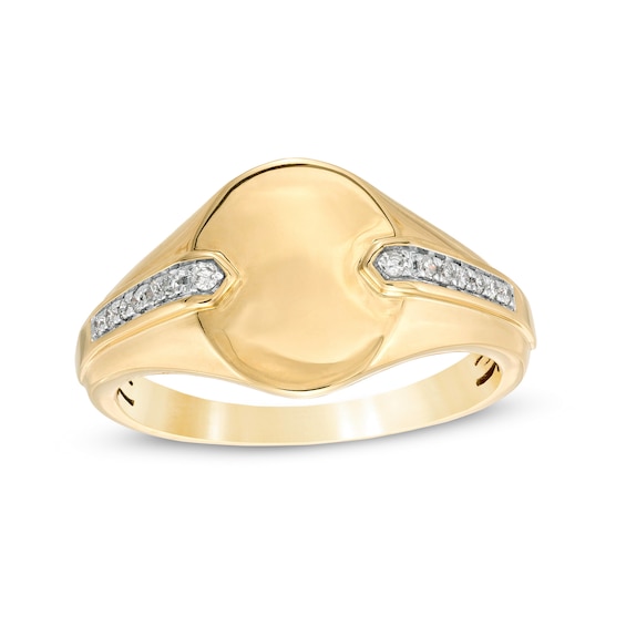 1/10 CT. T.w. Diamond Chevron Shank Overlay Oval Signet Ring in 10K Gold