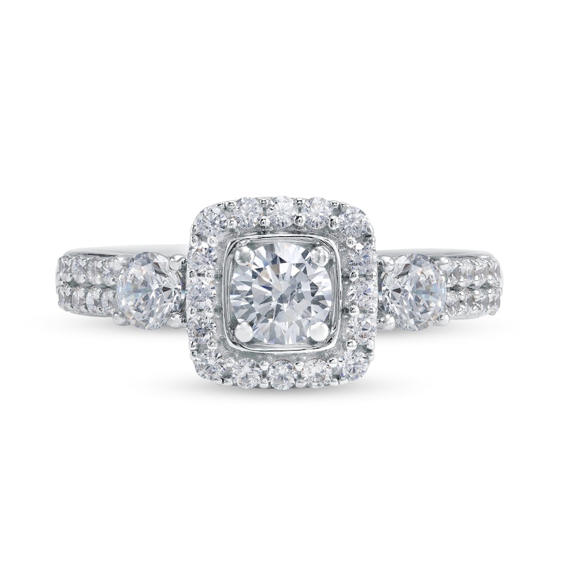 Main Image 4 of 1-1/6 CT. T.W. Diamond Past Present Future® Cushion-Shaped Frame Double Row Engagement Ring in 14K White Gold