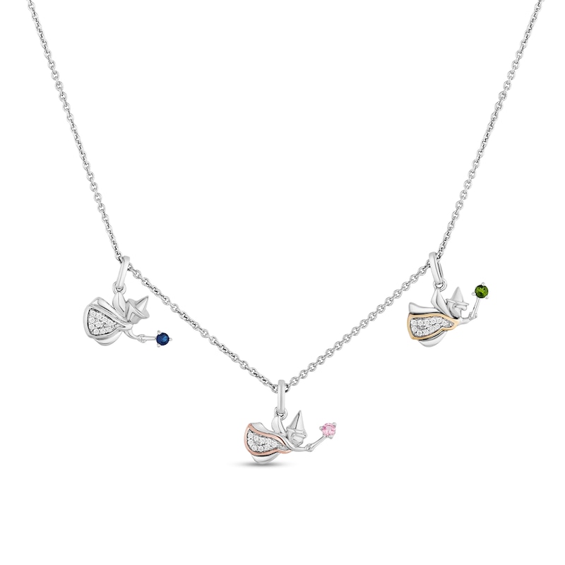 Main Image 1 of Enchanted Disney Aurora Gemstone and 1/10 CT. T.W. Diamond Fairy Godmothers Necklace in Sterling Silver and 10K Gold