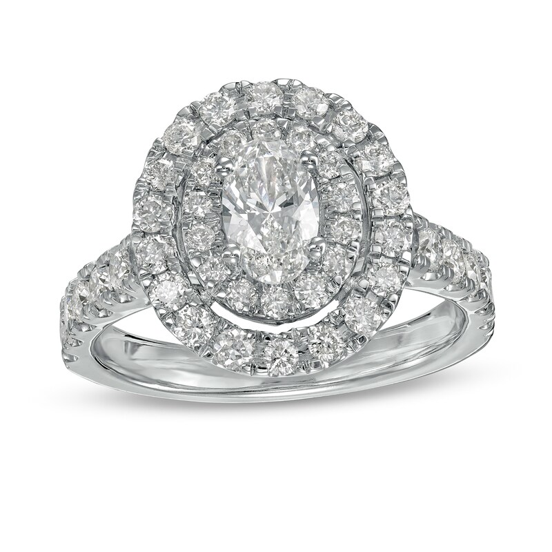 Main Image 1 of 1-1/2 CT. T.W. Oval Diamond Double Frame Engagement Ring in 14K White Gold (I/SI2)