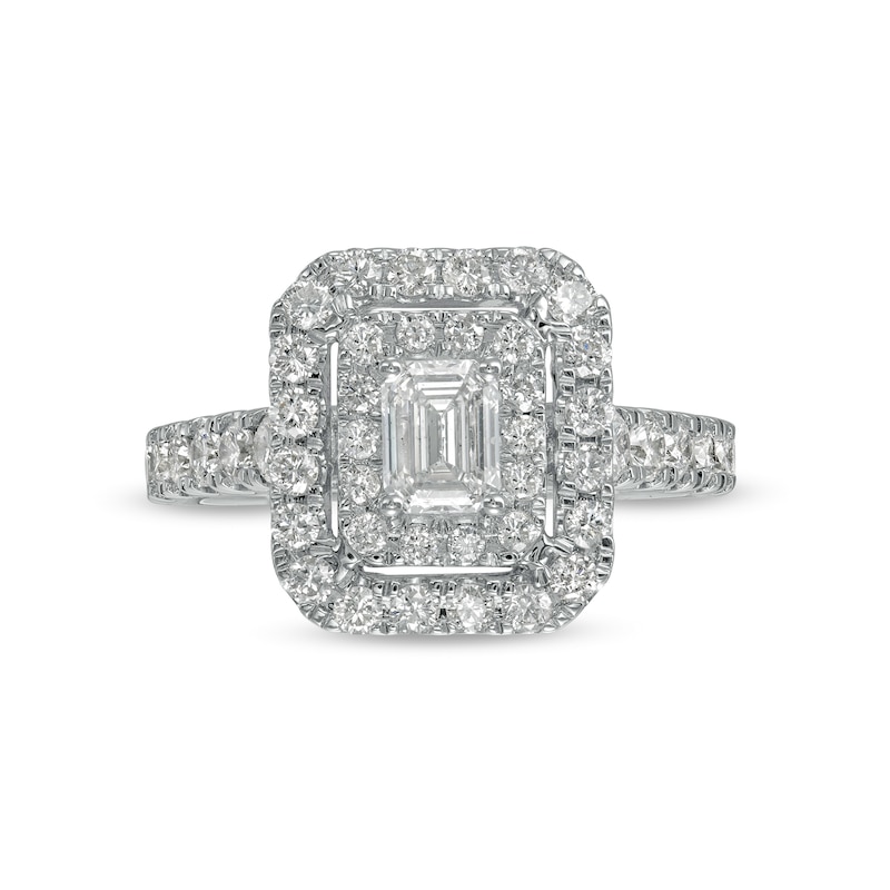 Main Image 4 of 1-1/2 CT. T.W. Emerald-Cut Diamond Double Frame Engagement Ring in 14K White Gold (I/SI2)