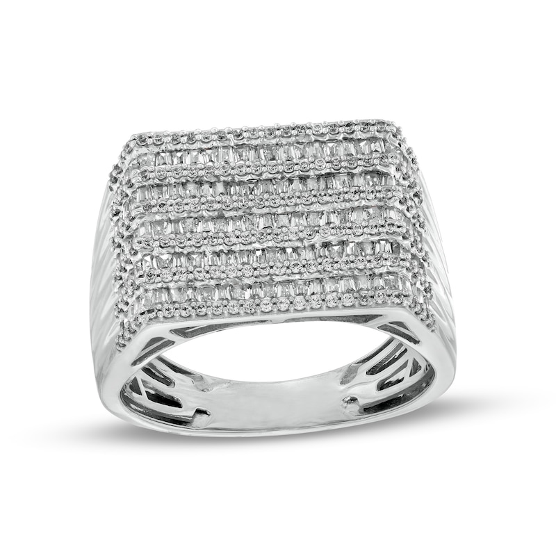Main Image 1 of Men's 1-1/2 CT. T.W. Baguette and Round Diamond Multi-Row Alternating Ring in 10K White Gold