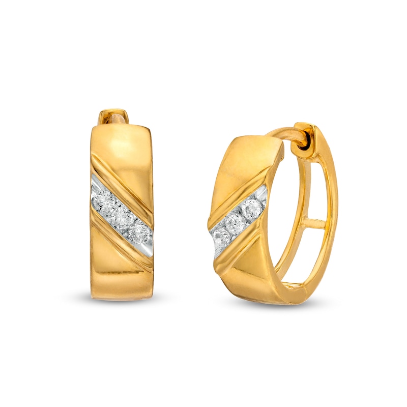 Main Image 1 of 1/8 CT. T.W. Diamond Three Stone Slant Hoop Earrings in 10K Gold