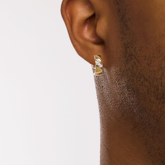 1/8 CT. T.w. Diamond Three Stone Slant Hoop Earrings in 10K Gold