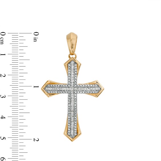 1 CT. T.w. Baguette and Round Diamond Triple Row Gothic-Style Cross Necklace Charm in 10K Gold