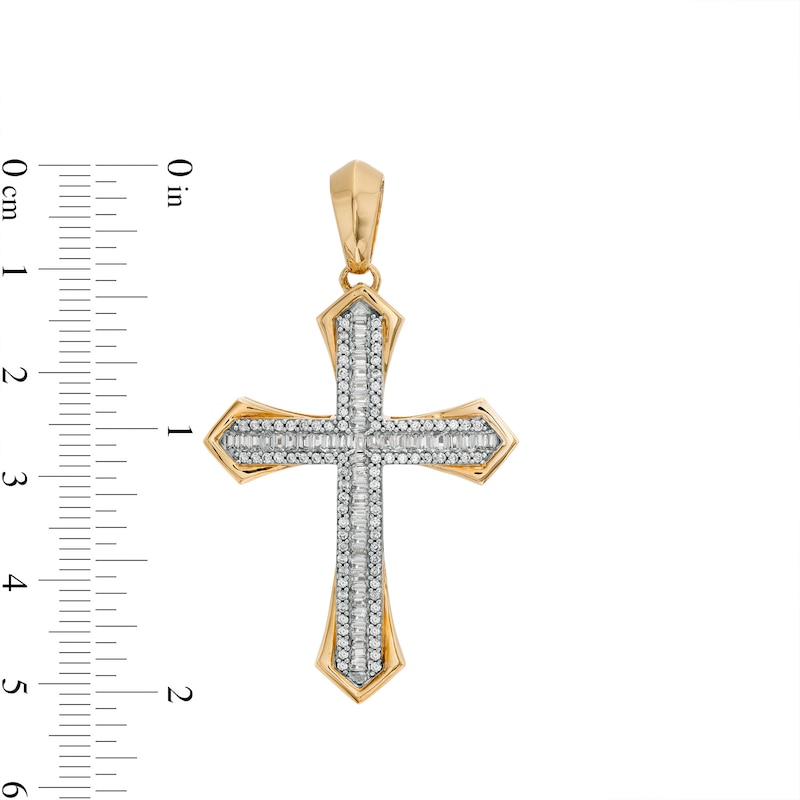 Men's 1 CT. T.W. Baguette and Round Diamond Triple Row Gothic-Style Cross Necklace Charm in 10K Gold