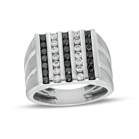 1 CT. T.w. Black Enhanced and White Diamond Vertical Multi-Row Double Groove Shank Ring in 10K White Gold