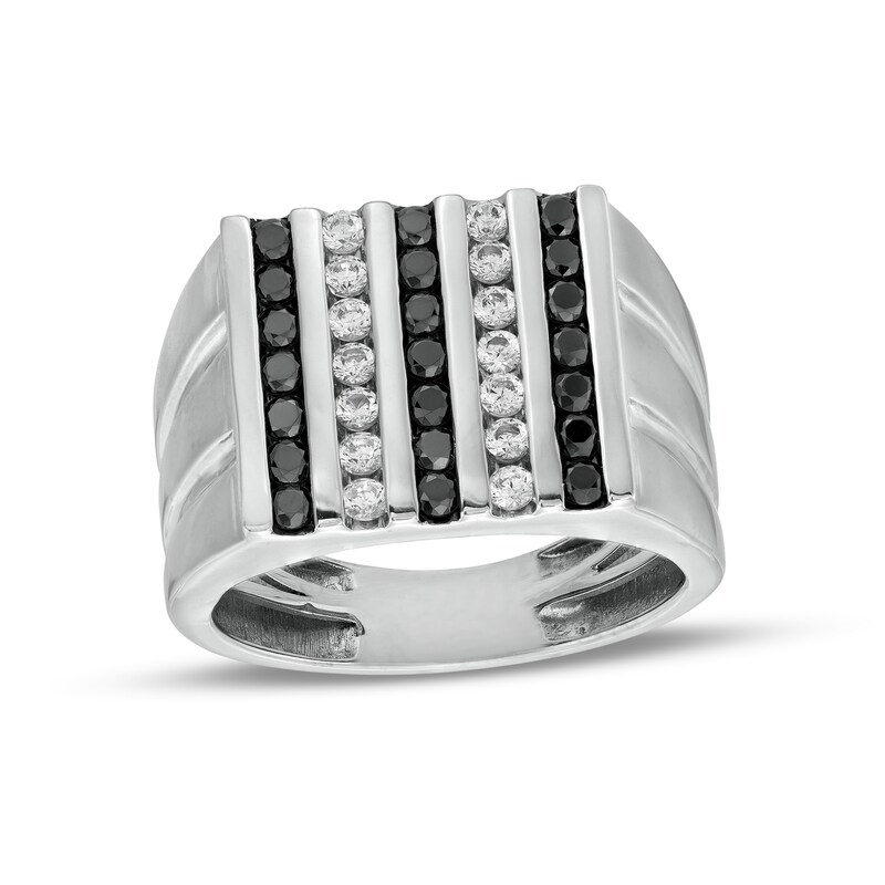 Main Image 1 of 1 CT. T.W. Black Enhanced and White Diamond Vertical Multi-Row Double Groove Shank Ring in 10K White Gold