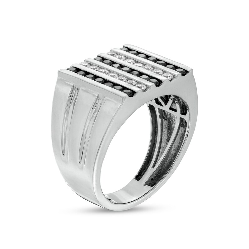 Main Image 2 of 1 CT. T.W. Black Enhanced and White Diamond Vertical Multi-Row Double Groove Shank Ring in 10K White Gold