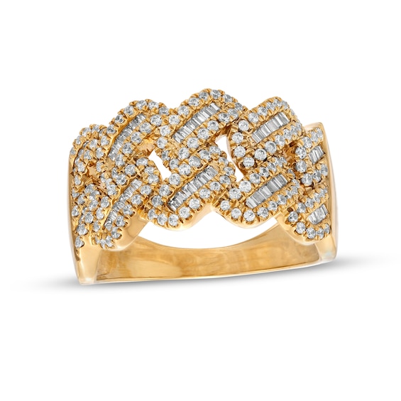1 CT. T.w. Baguette and Round Diamond Curb Chain Link Ring in 10K Gold