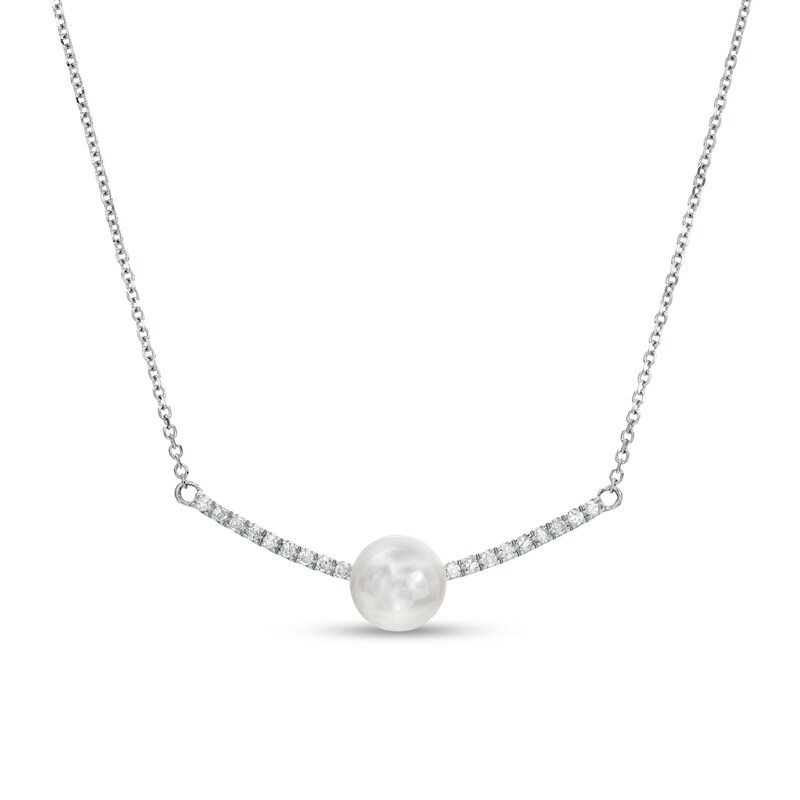 Main Image 1 of 7.0-7.5mm Freshwater Cultured Pearl and 1/8 CT. T.W. Diamond Curved Bar Necklace in 10K White Gold