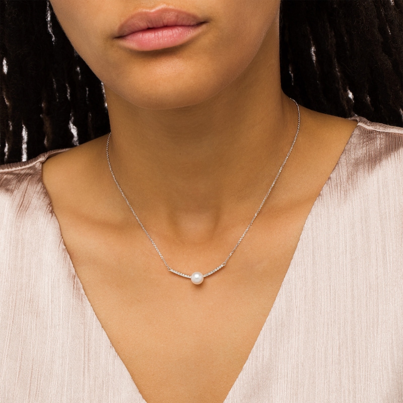 Main Image 2 of 7.0-7.5mm Freshwater Cultured Pearl and 1/8 CT. T.W. Diamond Curved Bar Necklace in 10K White Gold