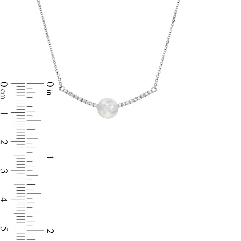 Main Image 3 of 7.0-7.5mm Freshwater Cultured Pearl and 1/8 CT. T.W. Diamond Curved Bar Necklace in 10K White Gold