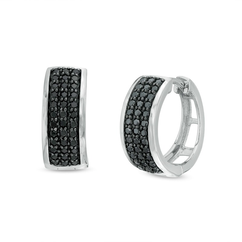 Main Image 1 of 1/2 CT. T.W. Black Enhanced Diamond Triple Row Huggie Hoop Earrings in 10K White Gold