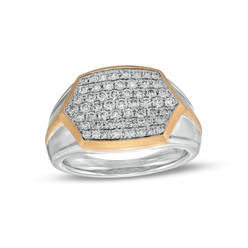 Main Image 1 of Men's 1 CT. T.W. Hexagonal Multi-Diamond Multi-Finish Knife Edge Shank Ring in 10K Two-Tone Gold