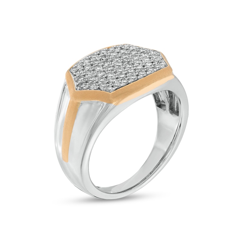 Main Image 2 of Men's 1 CT. T.W. Hexagonal Multi-Diamond Multi-Finish Knife Edge Shank Ring in 10K Two-Tone Gold