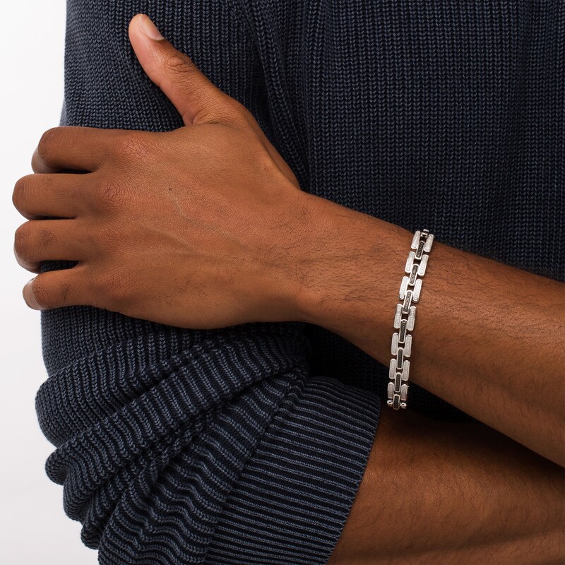 Main Image 2 of 1 CT. T.W. Black Enhanced and White Diamond Triple Row Rounded Brick Link Bracelet in 10K White Gold - 8.5"