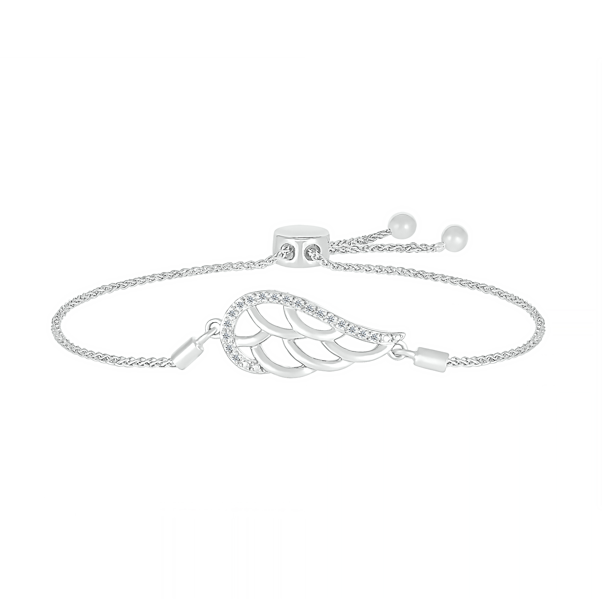 Thumbnail Image 0 of 1/20 CT. T.W. Diamond Sideways Angel Wing Bolo Bracelet in Sterling Silver - 9.5"