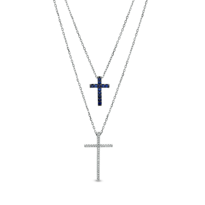 Main Image 1 of Vera Wang Love Collection Blue Sapphire and 1/6 CT. T.W. Diamond Layered Double Cross Necklace in 10K White Gold