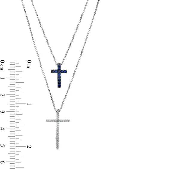 Vera Wang Love Collection Blue Sapphire and 1/6 CT. T.w. Diamond Layered Double Cross Necklace in 10K White Gold