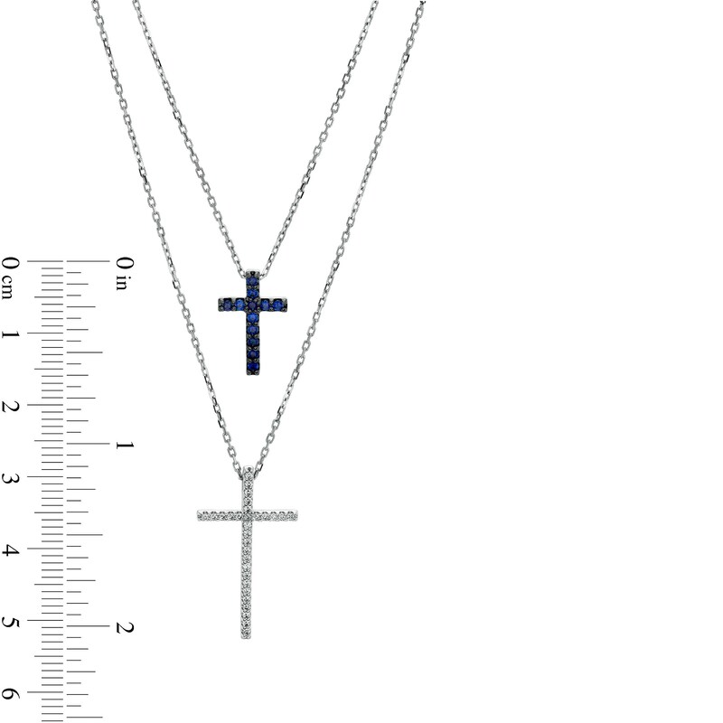 Main Image 3 of Vera Wang Love Collection Blue Sapphire and 1/6 CT. T.W. Diamond Layered Double Cross Necklace in 10K White Gold