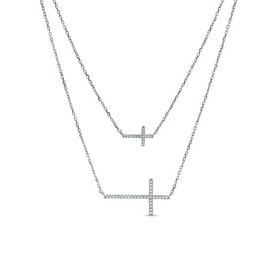 Vera Wang Love Collection 1/5 CT. T.w. Diamond Double Strand Sideways Cross Pendant in 10K White Gold – 28.5"