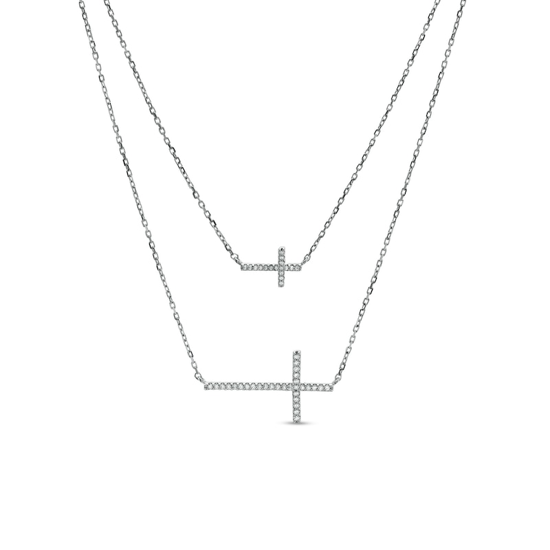 Main Image 1 of Vera Wang Love Collection 1/5 CT. T.W. Diamond Double Strand Sideways Cross Pendant in 10K White Gold – 28.5&quot;