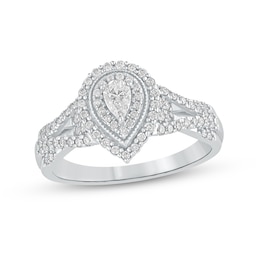1/2 CT. T.W. Pear-Shaped Diamond Frame Vintage-Style Multi-Row Engagement Ring in 10K White Gold
