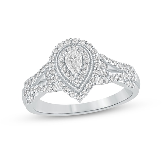 1/2 CT. T.w. Pear-Shaped Diamond Frame Vintage-Style Multi-Row Engagement Ring in 10K White Gold
