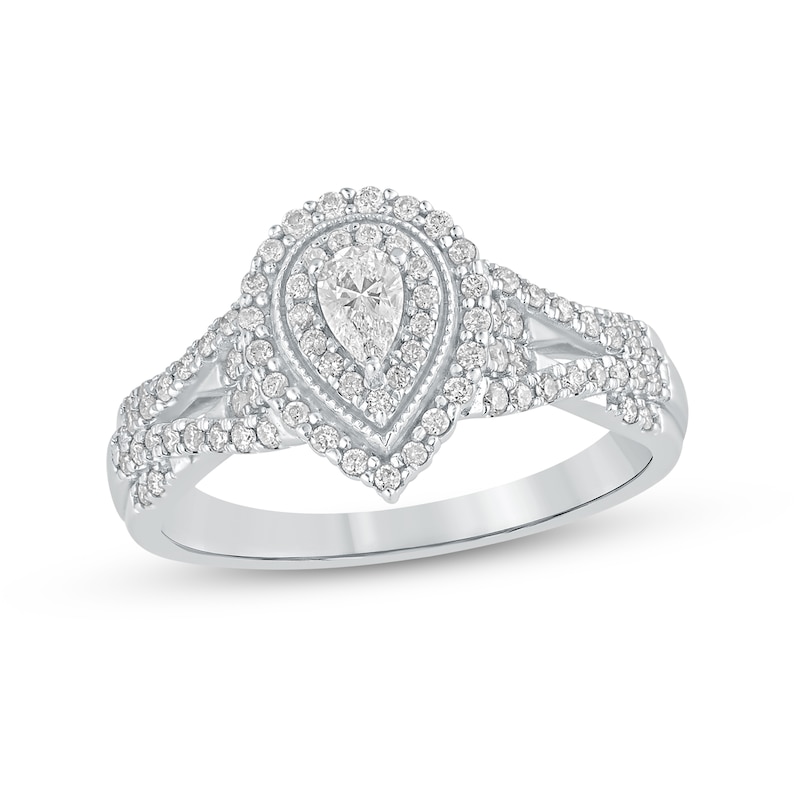 Main Image 1 of 1/2 CT. T.W. Pear-Shaped Diamond Frame Vintage-Style Multi-Row Engagement Ring in 10K White Gold