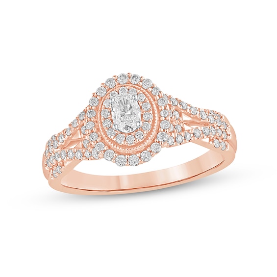 1/2 CT. T.w. Oval Diamond Frame Vintage-Style Multi-Row Engagement Ring in 10K Rose Gold