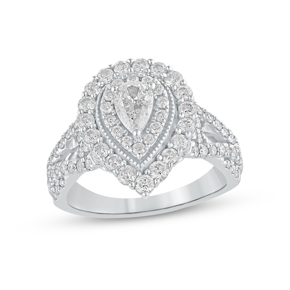 1-1/2 CT. T.w. Pear-Shaped Diamond Frame Vintage-Style Multi-Row Engagement Ring in 14K White Gold