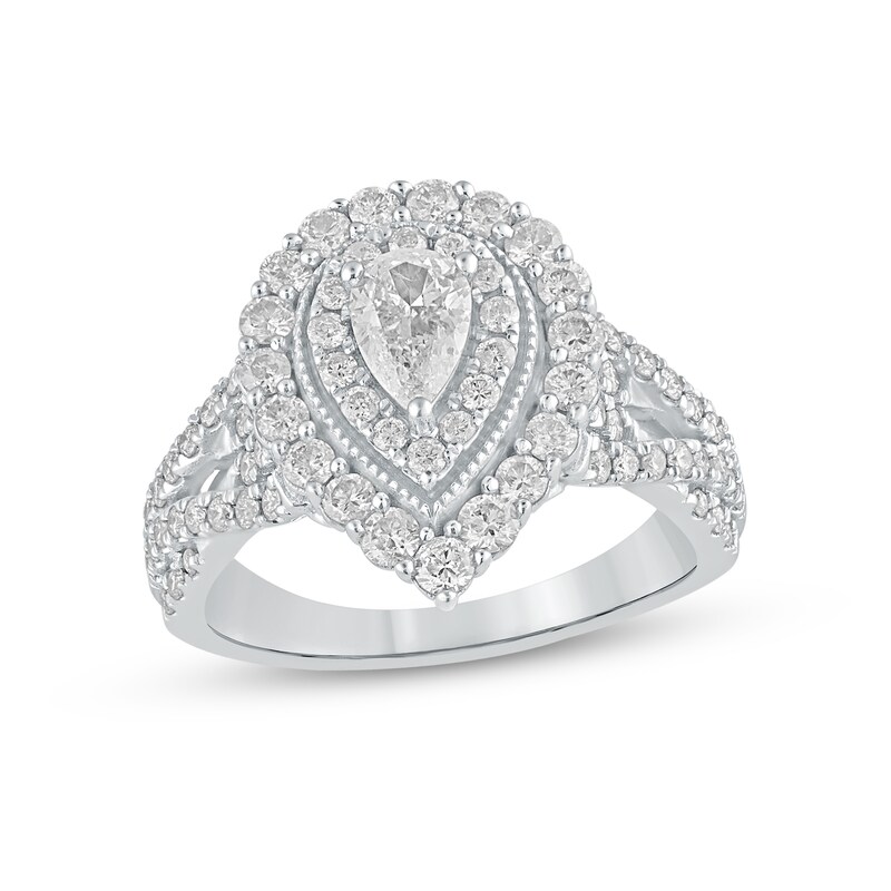 Main Image 1 of 1-1/2 CT. T.W. Pear-Shaped Diamond Frame Vintage-Style Multi-Row Engagement Ring in 14K White Gold