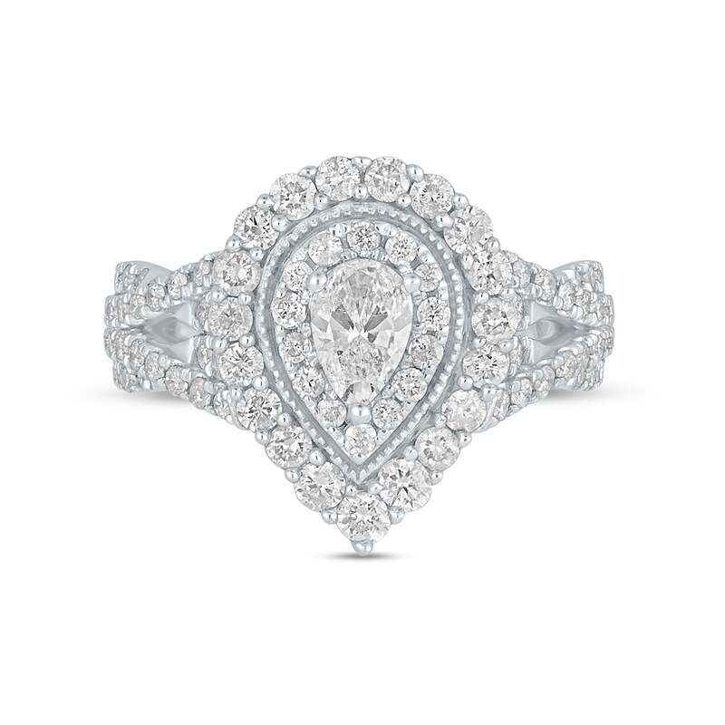 Main Image 4 of 1-1/2 CT. T.W. Pear-Shaped Diamond Frame Vintage-Style Multi-Row Engagement Ring in 14K White Gold