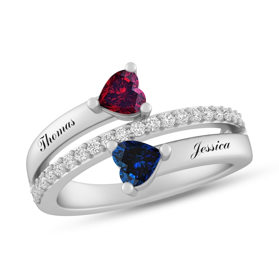 Couple's Gemstone and Lab-Created White Sapphire Hearts Ring (2 Stones and Lines)