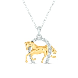 1/20 CT. T.W. Diamond Horse in Horseshoe Pendant in Sterling Silver and 14K Gold Plate
