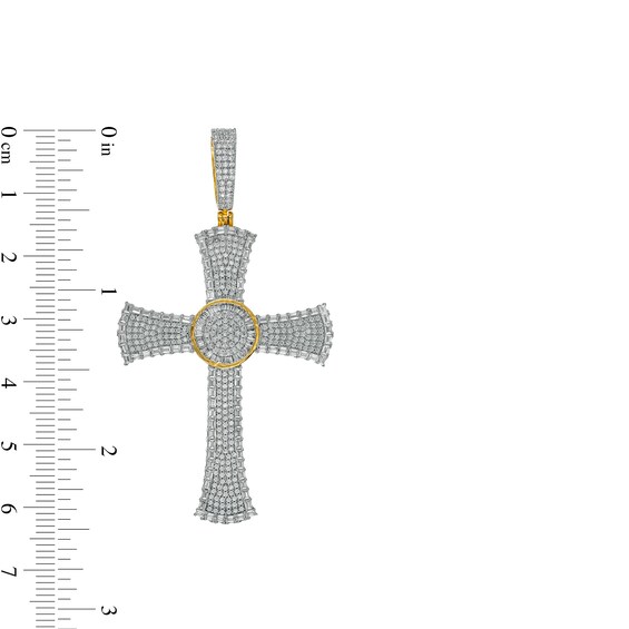 2 CT. T.w. Baguette and Round Diamond Circle Center Flared Cross Necklace Charm in 10K Gold