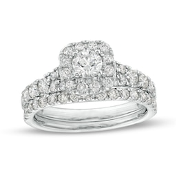 1-1/2 CT. T.W. Diamond Cushion-Shaped Frame Split Shank Bridal Set in 10K White Gold
