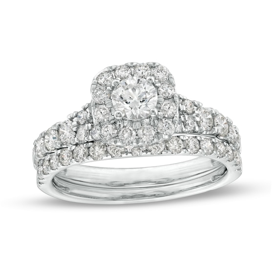 1-1/2 CT. T.w. Diamond Cushion-Shaped Frame Split Shank Bridal Set in 10K White Gold