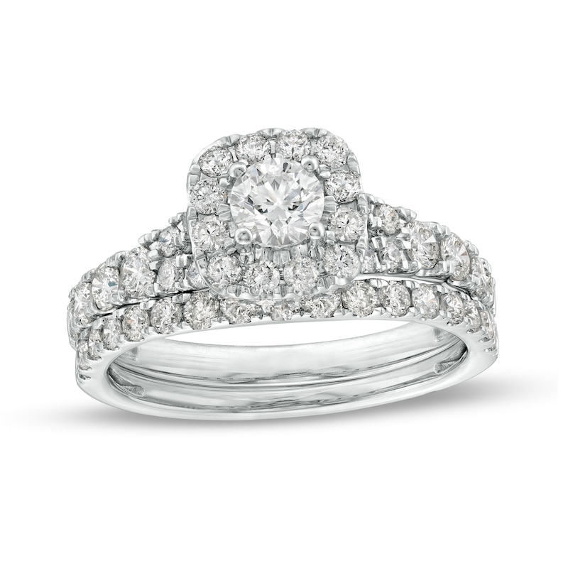 Main Image 1 of 1-1/2 CT. T.W. Diamond Cushion-Shaped Frame Split Shank Bridal Set in 10K White Gold